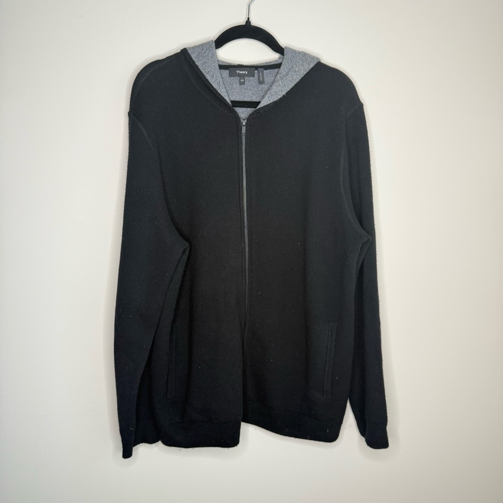 Theory Braxton Hoodie Governor Zip Up Sweater Black Gray Wool Cashmere XXL 🌹